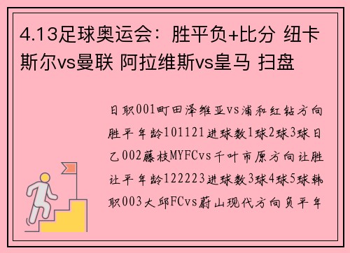 4.13足球奥运会：胜平负+比分 纽卡斯尔vs曼联 阿拉维斯vs皇马 扫盘