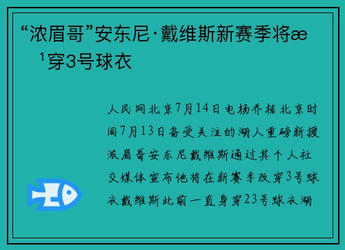 “浓眉哥”安东尼·戴维斯新赛季将改穿3号球衣